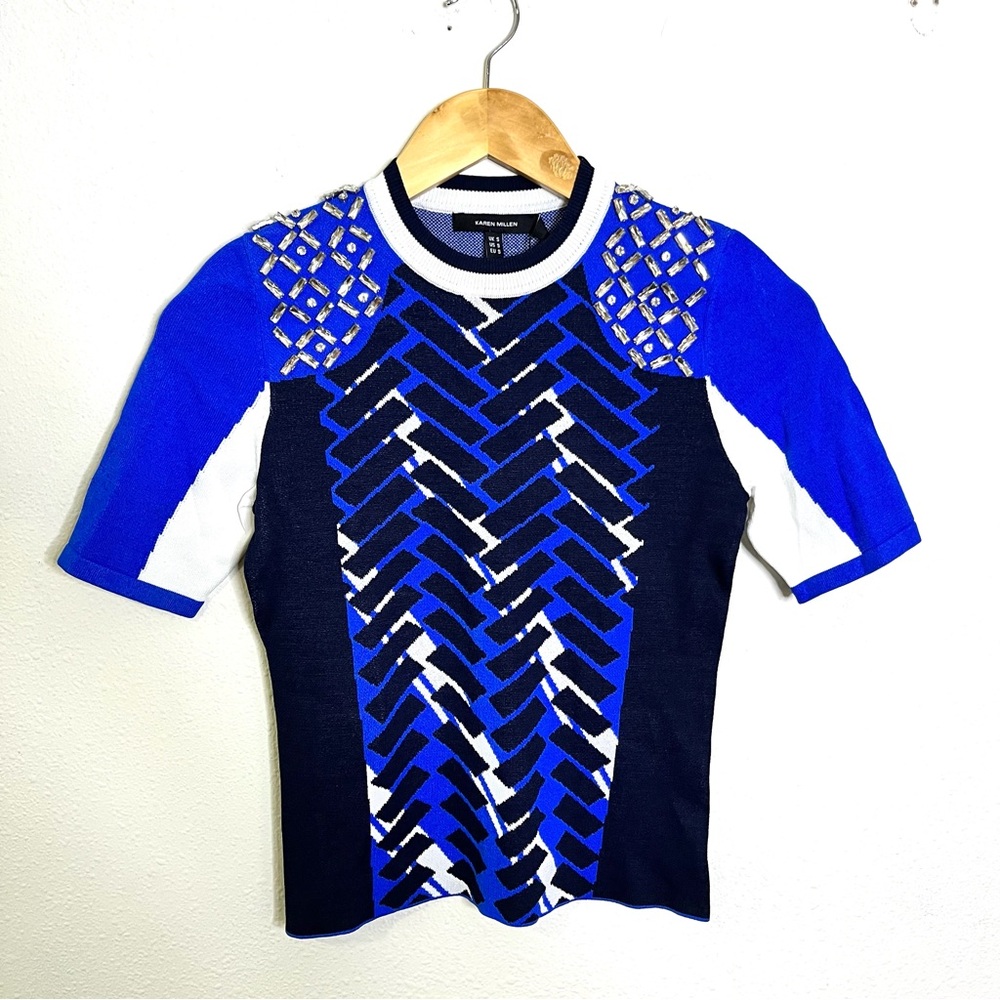 Karen Millen Blue Black sporty jacquard knit top embellished Geometric Blouse S - Picture 2 of 9